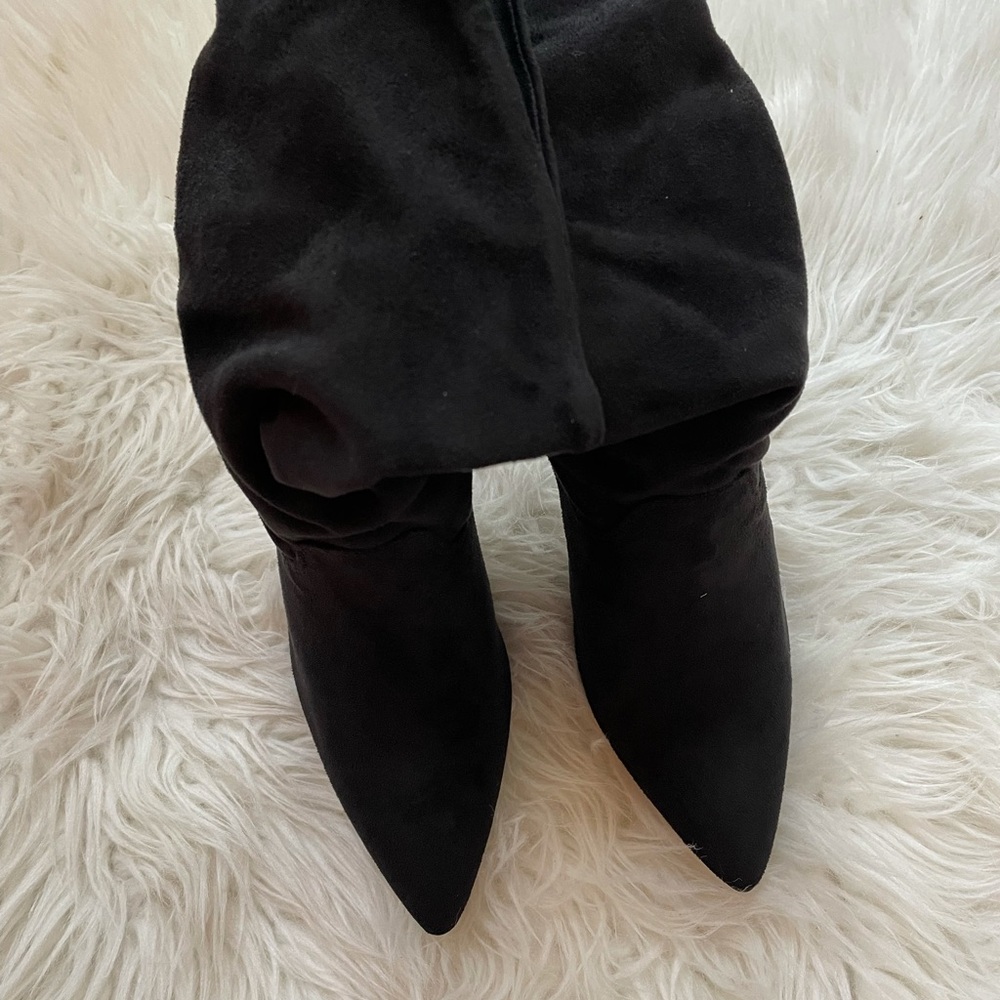 Black Slouchy Pointed Toe Faux Suede Boots - Picture 14 of 15